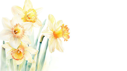 Watercolor daffodils in wet-on-wet style, soft blending of pinks and yellows, white background
