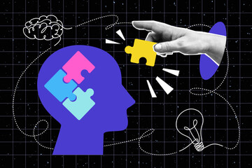 Collage of business concept with halftone hand, puzzle, braine, bulb, human head. Brainstorming, idea, innovation, teamwork and partnership vector illustration in pop art style