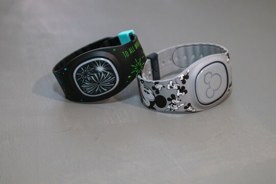 Two Disney Magic bands on white background. Bands used for park and room entry. Orlando, FL, USA, 2-24-24. 