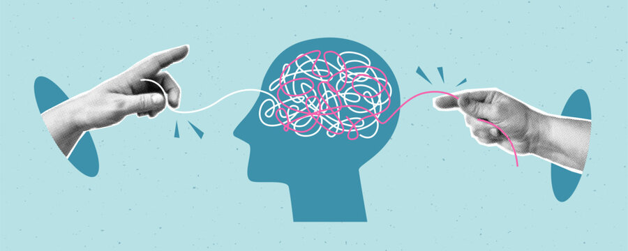 Collage of mental health concept with halftone hands and human head. Psychologic therapy session concept and help in fighting stress, depression, emotional burnout and other psychological problems