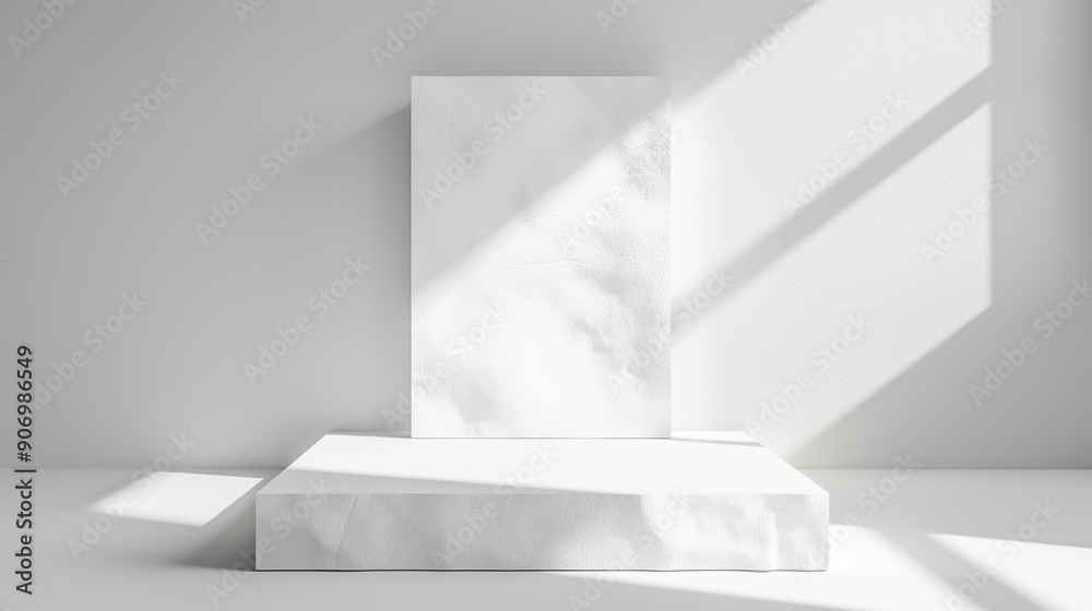 Aufkleber Empty marble stone white podium stage table in white empty studio room with sunlight beams from windows. White empty table stage mock up background for products and design