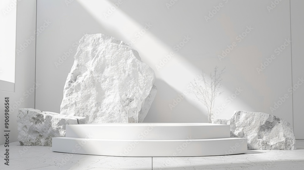 Poster Empty marble stone steps white podium stage table in white empty studio room with sunlight beams from windows and white stone. White empty table stage mock up background for products and design
