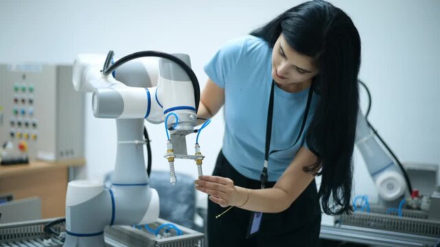 Female Robotics engineer working with Programming and Manipulating Robot Hand