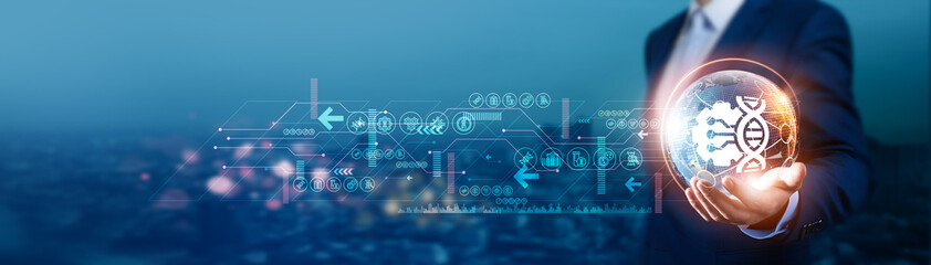 Businessman holds global biotechnology with network connected to pharmaceutical companies, research...