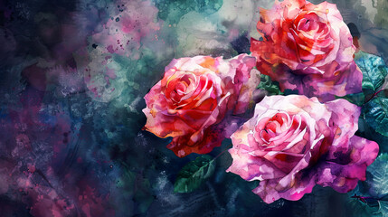 Watercolor garden roses using layering (glazing), vibrant and deep hues, textured paper background