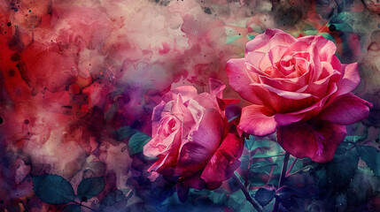 Watercolor garden roses using layering (glazing), vibrant and deep hues, textured paper background