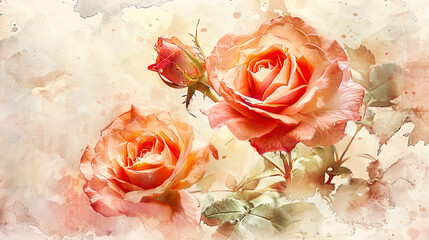 Watercolor garden roses with detailing using fine brushes, intricate and delicate petals, light background