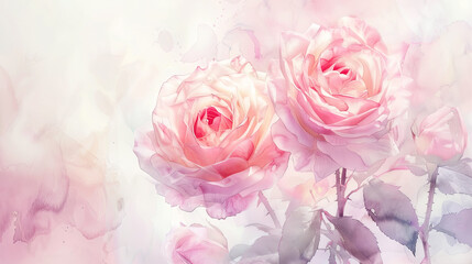 Watercolor garden roses with detailing using fine brushes, intricate and delicate petals, light background