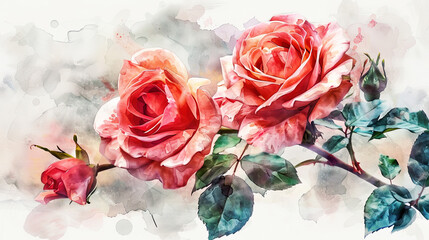 Watercolor garden roses with detailing using fine brushes, intricate and vibrant, light background