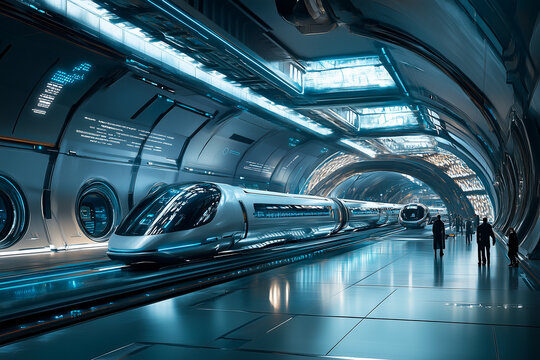 a scene of a futuristic transportation hub where AI-managed hyperloop trains and self-driving cars efficiently coordinate travel. The station is sleek, with digital interfaces 