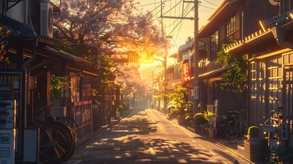 Sunset over a wet street in a quaint town. The street reflects the light, with autumn leaves scattered around and lanterns illuminating the scene, creating a warm, nostalgic atmosphere.