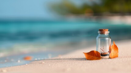 Obraz premium Hand Holding Glass Bottle With Sailboat on Beach at Sunny Seaside