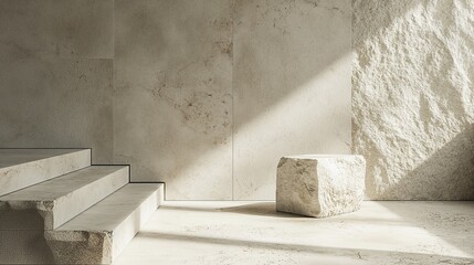 Stone steps podium stage and room mock up in stone concrete marble room, stone podium mock up platform marble empty room copy space pedestal product placement template for cosmetic products empty room
