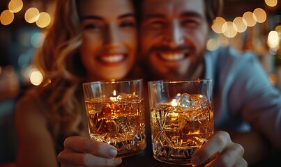 A couple in love cheers with shot glasses, drinking alcohol together at a party, capturing the essence of a lively celebration and the lifestyle of Caucasian people.