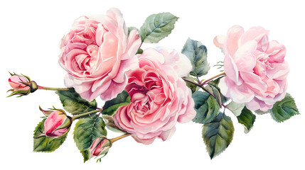 Watercolor garden roses with feathering, delicate and flowing edges, clean white background