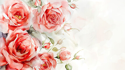 Watercolor garden roses with feathering, delicate and flowing edges, clean white background