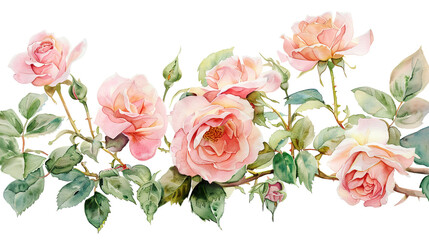 Watercolor garden roses with feathering, delicate and flowing edges, clean white background