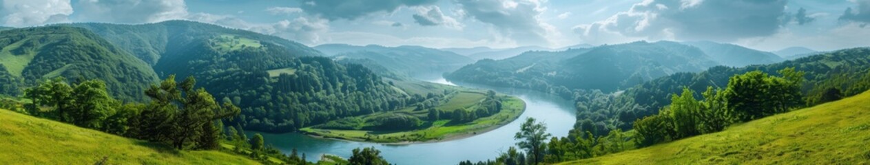 Naklejka premium Sweeping Panoramic of a River Encircled by Lush Green Mountains on a Sunny Day, Embracing Nature's Serene Majesty