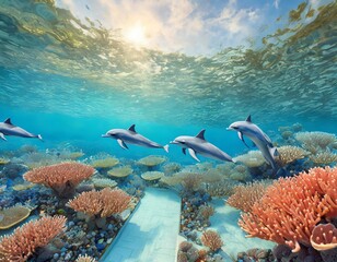 Fototapeta premium Underwater world top view corals self-leveling floors 3d floor nature dolphins in the water