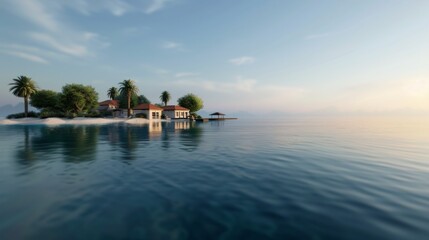 Fototapeta premium Tranquil Sunset Over Calm Waters With Trees at a Lakeside Retreat