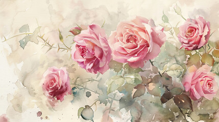 Watercolor garden roses with negative painting, standing out against soft background, light beige