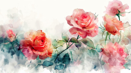 Watercolor garden roses with soft blending, smooth transitions, airy feel, white background