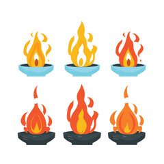 Set colorful cartoon flames bowls, varying designs fire representing animated warmth, energy, spiritual concepts. Designer artistic flames logo, game asset, animated sequence, vivid orange yellow