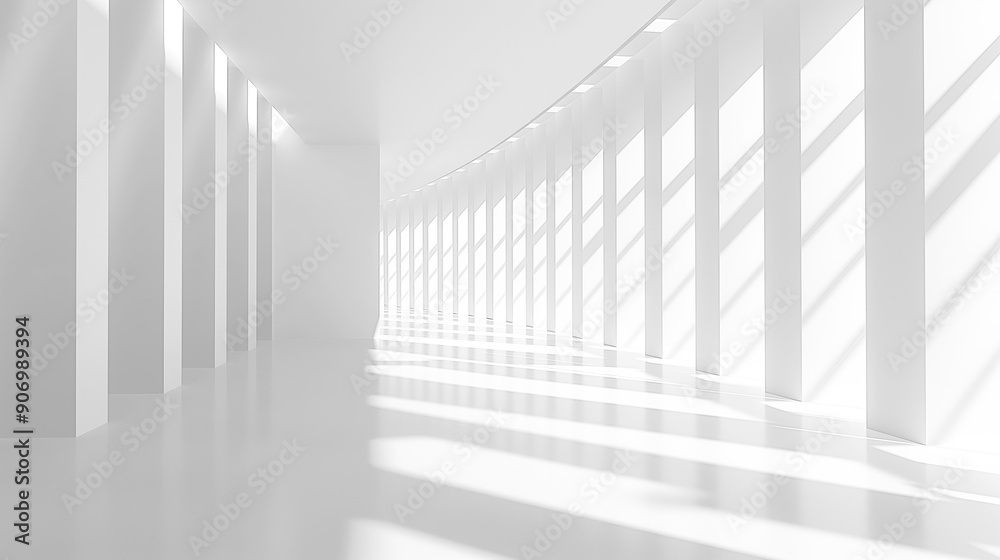 Poster White abstract empty corridor with columns room studio bright background. Empty white abstract space place room mock up with sunlight and shadows