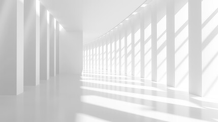 Obraz premium White abstract empty corridor with columns room studio bright background. Empty white abstract space place room mock up with sunlight and shadows