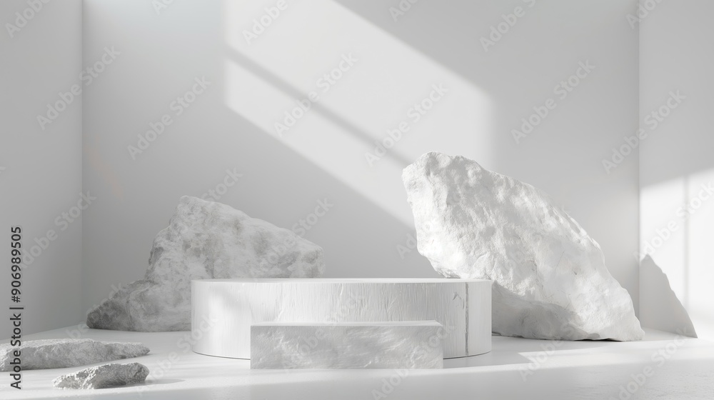 Poster Empty circle round cylindric marble stone white podium stage table in white empty studio room with sunlight beams from windows and stone rocks. White empty table stage mock up background for products