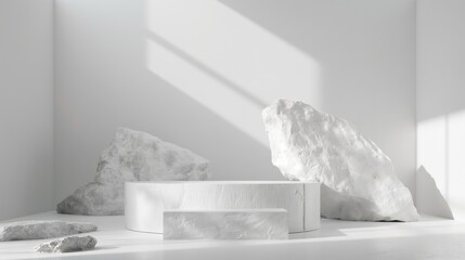 Empty circle round cylindric marble stone white podium stage table in white empty studio room with sunlight beams from windows and stone rocks. White empty table stage mock up background for products