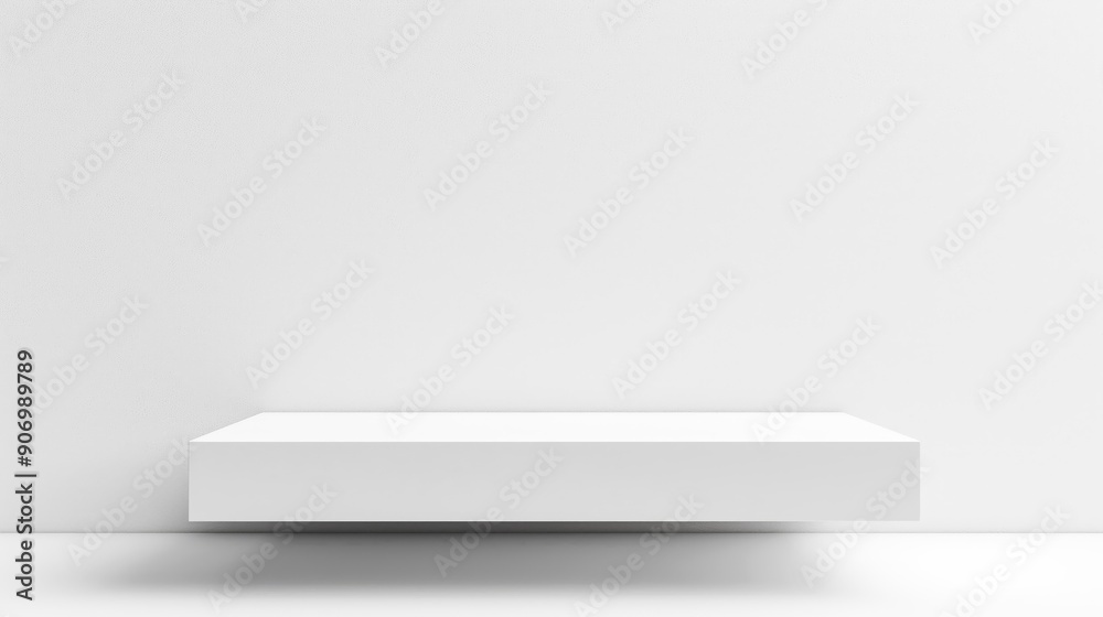 Poster Empty white podium stage table in white empty studio room with sunlight beams from windows. White empty table stage mock up background for products and design, white wall square place