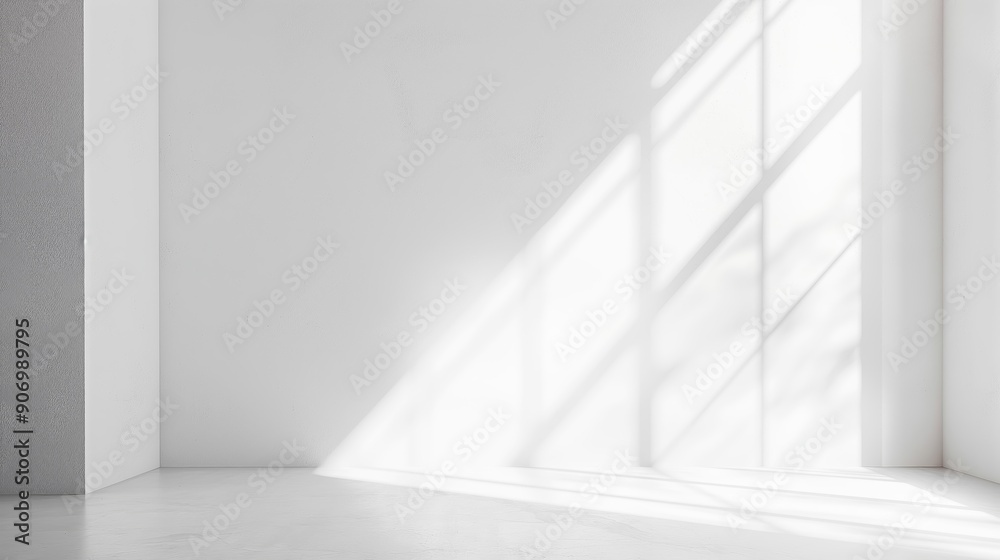 Poster White empty studio room with sunlight and shadows, empty studio room white minimalistic interior design. Room with soft sunlight and white walls and floor with empty copy space