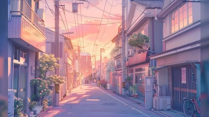 Fototapeta premium Sunset over a wet street in a quaint town. The street reflects the light, with autumn leaves scattered around and lanterns illuminating the scene, creating a warm, nostalgic atmosphere.