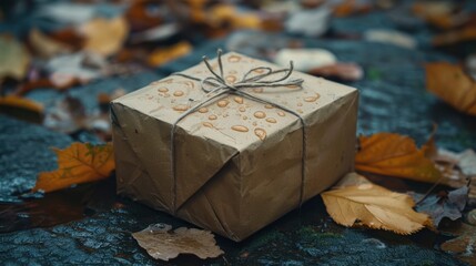 A beautifully wrapped package tied with string, lying amidst fallen autumn leaves on a wet stone surface, evoking a sense of mystery and anticipation