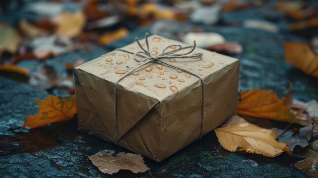 A beautifully wrapped package tied with string, lying amidst fallen autumn leaves on a wet stone surface, evoking a sense of mystery and anticipation
