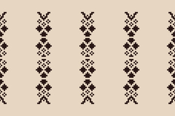 Traditional ethnic motifs ikat geometric fabric pattern cross stitch.Ikat embroidery Ethnic oriental Pixel brown cream label background. Abstract,vector,illustration. Texture,decoration,wallpaper.