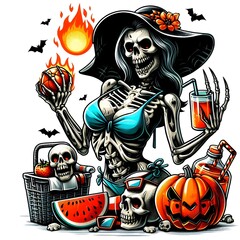 Skeleton Girl on the Beach with Watermelon and Pumpkin