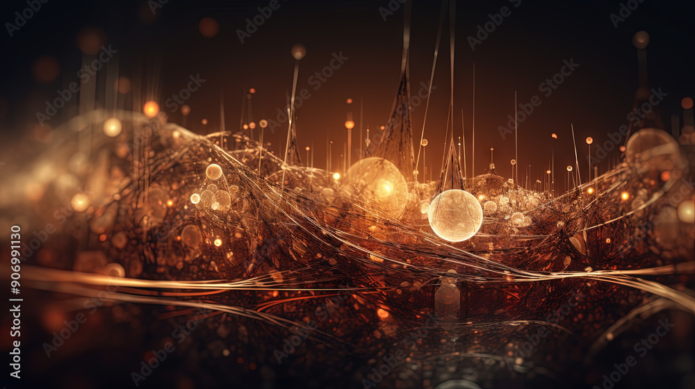 Poster Abstract burst of wires and particles on technology background. Scientific abstraction with mess of microscopic connections.