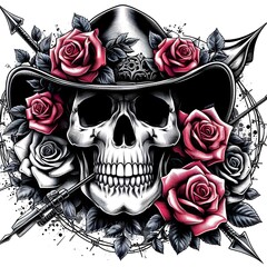 Skull in a Cowboy Hat with Roses and Arrows