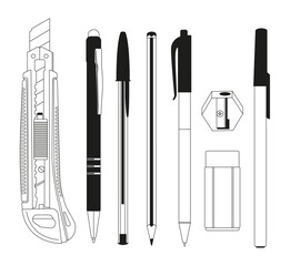 Conjunto de accesorios y suministros escolares. Composici&oacute;n de herramientas. L&aacute;piz, Pluma, Marcador, Cepillo, Estilo, Luminador, Cutter.