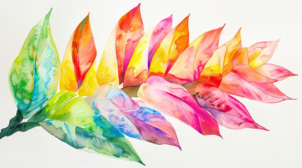 Watercolor heliconia rostrata with color mixing on paper, vibrant and lively, dynamic colors merging, light background