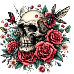 Skull with Roses and Butterflies