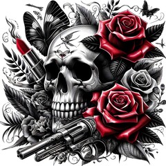 Skull with Roses and Gun