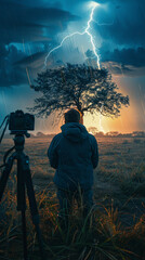 Obraz premium Photographer taking a picture of a tree being hit by a lightning