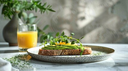 a white plate topped with a sandwich and a glass of orange juice