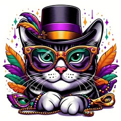 Stylish Cat with Mardi Gras Decorations