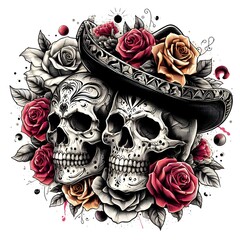 Sugar Skull Couple with Roses and Sombrero