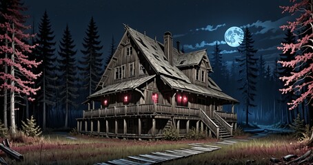 Fototapeta premium wood log cabin lodge in the woods at night. wooden house in the forest surrounded by dark tree silhouettes in the wilderness.