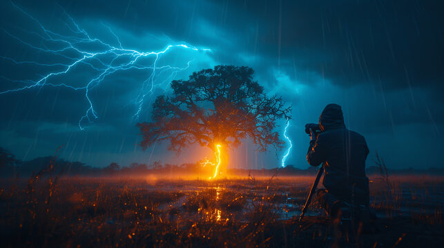 Photographer taking a picture of a tree being hit by a lightning